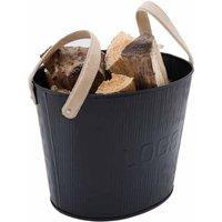 Charles Bentley Spruce Small Leather Handled Fireside Wood Bucket, Black