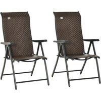 Outsunny Set of 2 Outdoor PE Rattan Folding Chairs w/ 7 Levels Adjustable Backrest - Red/Brown, Brown