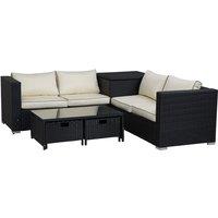 Outsunny 4pc Rattan Sofa Storage & Table Set w/ 2 Drawer Coffee Table - Black, Black