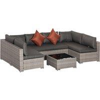 Outsunny 4pc PE Rattan 6 Seater Conservatory Furniture Set w/ Tempered Glass Coffee Table & Cushions - Deep Grey, Grey
