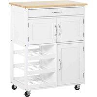 HOMCOM Rolling Kitchen Island Trolley Storage Cart With Rubberwood Top Wine Rack, White