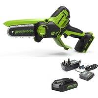 Greenworks 24V 10cm Cordless Pruner (1 x 2AH 24v Battery and 1.5a Charger), Green
