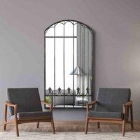 MirrorOutlet Extra Large Apartment Antique Black Metal Arch Shaped Decorative Window Large Wall Mirror 160 x 85cm, Black