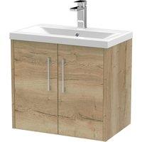Hudson Reed Juno 600mm Wall Hung 2 Door Vanity & Mid-Edge Basin - Autumn Oak, Brown