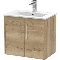 Hudson Reed Juno 600mm Wall Hung 2 Door Vanity & Minimalist Basin - Autumn Oak, Brown