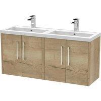 Hudson Reed Juno 1200mm Wall Hung 4 Door Vanity & Double Polymarble Basin - Autumn Oak, Brown