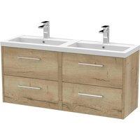 Hudson Reed Juno 1200mm Wall Hung 4 Drawer Vanity & Double Polymarble Basin - Autumn Oak, Brown