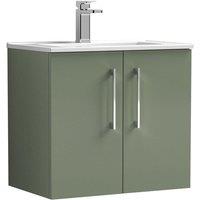 Nuie Arno 600mm Wall Hung 2 Door Vanity & Minimalist Basin Satin Green, Green