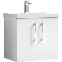 Nuie Arno 600mm Wall Hung 2 Door Vanity & Mid-Edge Basin Gloss White, White