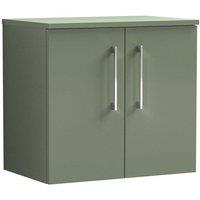 Nuie Arno 600mm Wall Hung 2 Door Vanity & Worktop Satin Green, Green