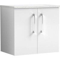 Nuie Arno 600mm Wall Hung 2 Door Vanity & Sparkling White Laminate Top Gloss White, White