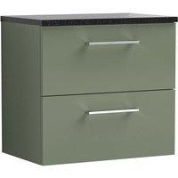 Nuie Arno 600mm Wall Hung 2 Drawer Vanity & Sparkling Black Laminate Top Satin Green, Green