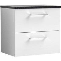 Nuie Arno 600mm Wall Hung 2 Drawer Vanity & Sparkling Black Laminate Top Gloss White, White