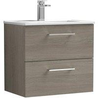 Nuie Arno 600mm Wall Hung 2 Drawer Vanity & Minimalist Basin Solace Oak, Brown