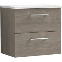 Nuie Arno 600mm Wall Hung 2 Drawer Vanity & Sparkling White Laminate Top Solace Oak, Brown