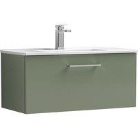 Nuie Arno 800mm Wall Hung 1 Drawer Vanity & Minimalist Basin Satin Green, Green