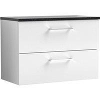 Nuie Arno 800mm Wall Hung 2 Drawer Vanity & Sparkling Black Laminate Top Gloss White, White