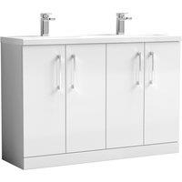 Nuie Arno 1200mm Floor Standing 4 Door Vanity & Double Ceramic Minimalist Basin Gloss White, White