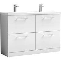Nuie Arno 1200mm Floor Standing 4 Drawer Vanity & Double Ceramic Minimalist Basin Gloss White, White