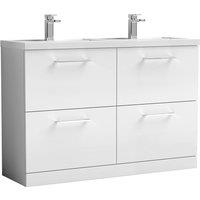 Nuie Arno 1200mm Floor Standing 4 Drawer Vanity & Double Polymarble Mid-Edge Basin Gloss White, White