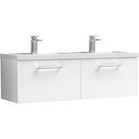 Nuie Arno 1200mm Wall Hung 2 Drawer Vanity & Double Polymarble Basin Gloss White, White