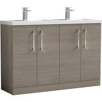 Nuie Arno 1200mm Floor Standing 4 Door Vanity & Double Polymarble Mid-Edge Basin Grey Vicenza Oak, Grey