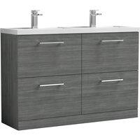 Nuie Arno 1200mm Floor Standing 4 Drawer Vanity & Double Polymarble Mid-Edge Basin Anthracite Woodgrain, Grey