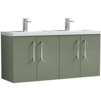 Nuie Arno 1200mm Wall Hung 4 Door Vanity & Double Polymarble Basin Satin Green, Green