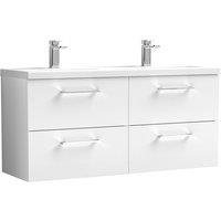 Nuie Arno 1200mm Wall Hung 4 Drawer Vanity & Double Ceramic Basin Gloss White, White
