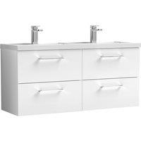 Nuie Arno 1200mm Wall Hung 4 Drawer Vanity & Double Polymarble Basin Gloss White, White