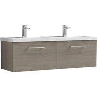 Nuie Arno 1200mm Wall Hung 2 Drawer Vanity & Double Polymarble Basin Solace Oak, Brown
