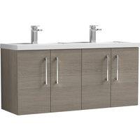 Nuie Arno 1200mm Wall Hung 4 Door Vanity & Double Polymarble Basin Solace Oak, Brown