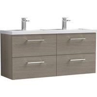 Nuie Arno 1200mm Wall Hung 4 Drawer Vanity & Double Polymarble Basin Solace Oak, Brown