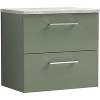 Nuie Arno 600mm Wall Hung 2 Drawer Vanity & Bellato Grey Laminate Top Satin Green, Green