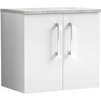 Nuie Arno 600mm Wall Hung 2 Door Vanity & Bellato Grey Laminate Top Gloss White, White
