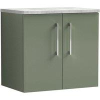 Nuie Arno 600mm Wall Hung 2 Door Vanity & Bellato Grey Laminate Top Satin Green, Green