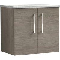 Nuie Arno 600mm Wall Hung 2 Door Vanity & Bellato Grey Laminate Top Solace Oak, Brown