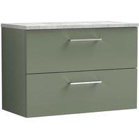 Nuie Arno 800mm Wall Hung 2 Drawer Vanity & Bellato Grey Laminate Top Satin Green, Green