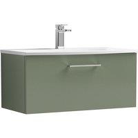 Nuie Arno 800mm Wall Hung 1 Drawer Vanity & Curved Basin Satin Green, Green