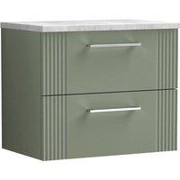 Nuie Deco 600mm Wall Hung 2 Drawer Vanity & Bellato Grey Laminate Top - Satin Reed Green, Green