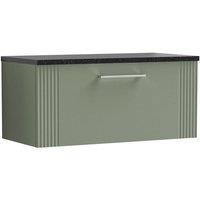 Nuie Deco 800mm Wall Hung Single Drawer Vanity & Sparkling Black Laminate Top - Satin Reed Green, Green