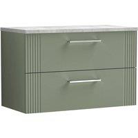 Nuie Deco 800mm Wall Hung 2 Drawer Vanity & Bellato Grey Laminate Top - Satin Reed Green, Green