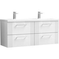 Nuie Deco 1200mm Wall Hung 4 Drawer Vanity & Double Ceramic Basin - Satin White, White