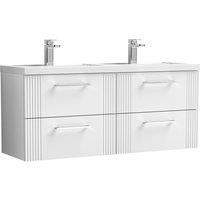 Nuie Deco 1200mm Wall Hung 4 Drawer Vanity & Double Polymarble Basin - Satin White, White