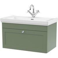 Nuie Classique 800mm Wall Hung 1-drawer Unit & Basin 1 Tap Hole - Satin Green, Green