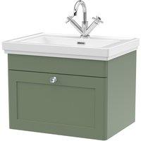 Nuie Classique 600mm Wall Hung 1-drawer Unit & Basin 1 Tap Hole - Satin Green, Green