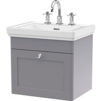 Nuie Classique 500mm Wall Hung 1-drawer Unit & Basin 3 Tap Holes - Satin Grey, Grey