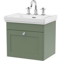 Nuie Classique 500mm Wall Hung 1-drawer Unit & Basin 3 Tap Holes - Satin Green, Green