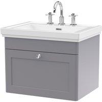Nuie Classique 600mm Wall Hung 1-drawer Unit & Basin 3 Tap Holes - Satin Grey, Grey