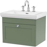 Nuie Classique 600mm Wall Hung 1-drawer Unit & Basin 3 Tap Holes - Satin Green, Green
